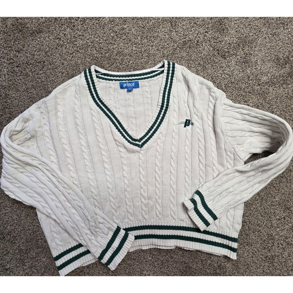 Prince Pickleball Sweater Size Large Cable Knit V-Neck Ivory Green Preppy